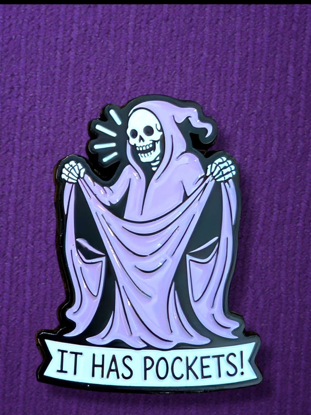 Purple 'It Has Pockets!' Grim Reaper Enamel Pin - Halloween Skeleton